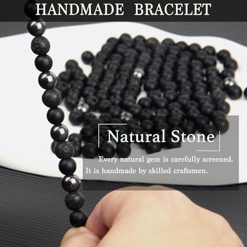 GDLKPYHS Schwarzes Obsidian Armband für Männer – Totenkopf-Armband – Turmalin Perlenarmband – 8MM schwarzer Onyx, Hämatit, Lava-Stein Perlen – Dreifaches Schutzarmband für Männer und Frauen – Geschenk