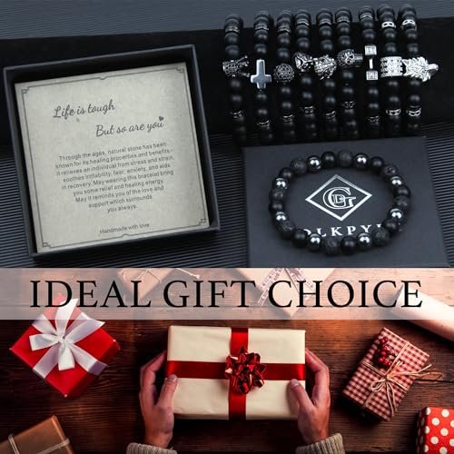 GDLKPYHS Schwarzes Obsidian Armband für Männer – Kubischer Zirkonia Armband – Turmalin Perlenarmband, 8MM schwarzer Onyx Hämatit Lavastein Perlen dreifaches Schutzarmband für Männer Frauen Geschenke