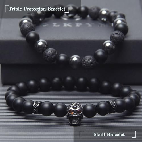 GDLKPYHS Schwarzes Obsidian Armband für Männer – Totenkopf-Armband – Turmalin Perlenarmband – 8MM schwarzer Onyx, Hämatit, Lava-Stein Perlen – Dreifaches Schutzarmband für Männer und Frauen – Geschenk
