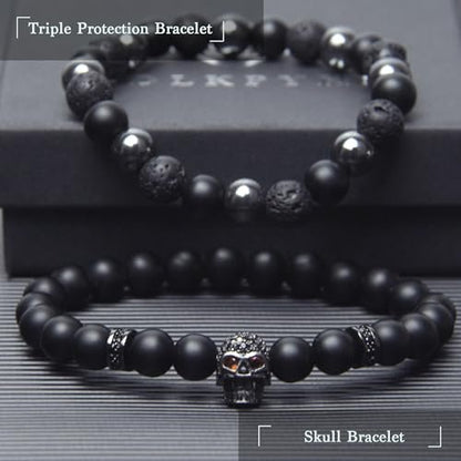 GDLKPYHS Schwarzes Obsidian Armband für Männer – Totenkopf-Armband – Turmalin Perlenarmband – 8MM schwarzer Onyx, Hämatit, Lava-Stein Perlen – Dreifaches Schutzarmband für Männer und Frauen – Geschenk