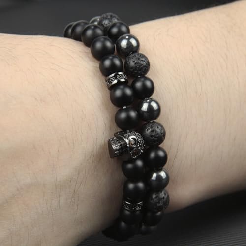 GDLKPYHS Schwarzes Obsidian Armband für Männer – Totenkopf-Armband – Turmalin Perlenarmband – 8MM schwarzer Onyx, Hämatit, Lava-Stein Perlen – Dreifaches Schutzarmband für Männer und Frauen – Geschenk