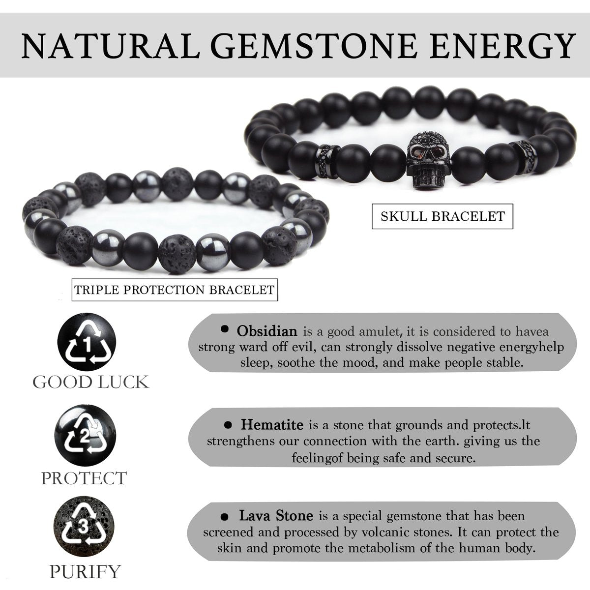 GDLKPYHS Schwarzes Obsidian Armband für Männer – Totenkopf-Armband – Turmalin Perlenarmband – 8MM schwarzer Onyx, Hämatit, Lava-Stein Perlen – Dreifaches Schutzarmband für Männer und Frauen – Geschenk