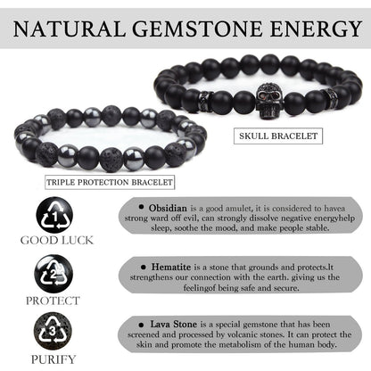 GDLKPYHS Schwarzes Obsidian Armband für Männer – Totenkopf-Armband – Turmalin Perlenarmband – 8MM schwarzer Onyx, Hämatit, Lava-Stein Perlen – Dreifaches Schutzarmband für Männer und Frauen – Geschenk