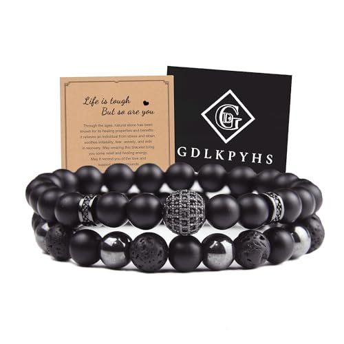 GDLKPYHS Schwarzes Obsidian Armband für Männer – Kubischer Zirkonia Armband – Turmalin Perlenarmband, 8MM schwarzer Onyx Hämatit Lavastein Perlen dreifaches Schutzarmband für Männer Frauen Geschenke