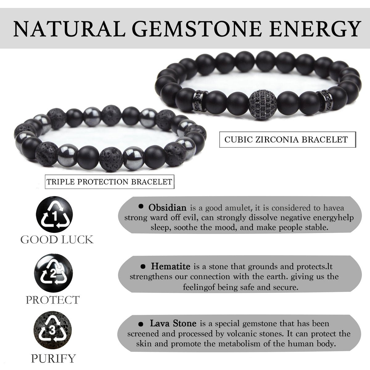 GDLKPYHS Schwarzes Obsidian Armband für Männer – Kubischer Zirkonia Armband – Turmalin Perlenarmband, 8MM schwarzer Onyx Hämatit Lavastein Perlen dreifaches Schutzarmband für Männer Frauen Geschenke