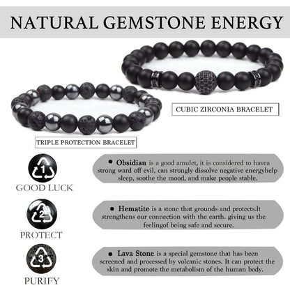 GDLKPYHS Schwarzes Obsidian Armband für Männer – Kubischer Zirkonia Armband – Turmalin Perlenarmband, 8MM schwarzer Onyx Hämatit Lavastein Perlen dreifaches Schutzarmband für Männer Frauen Geschenke
