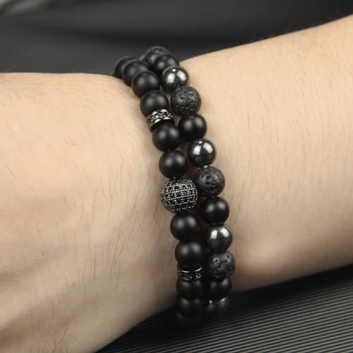 GDLKPYHS Schwarzes Obsidian Armband für Männer – Kubischer Zirkonia Armband – Turmalin Perlenarmband, 8MM schwarzer Onyx Hämatit Lavastein Perlen dreifaches Schutzarmband für Männer Frauen Geschenke