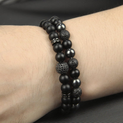 GDLKPYHS Schwarzes Obsidian Armband für Männer – Kubischer Zirkonia Armband – Turmalin Perlenarmband, 8MM schwarzer Onyx Hämatit Lavastein Perlen dreifaches Schutzarmband für Männer Frauen Geschenke