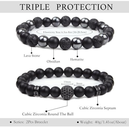GDLKPYHS Schwarzes Obsidian Armband für Männer – Kubischer Zirkonia Armband – Turmalin Perlenarmband, 8MM schwarzer Onyx Hämatit Lavastein Perlen dreifaches Schutzarmband für Männer Frauen Geschenke