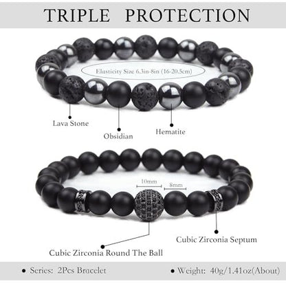GDLKPYHS Schwarzes Obsidian Armband für Männer – Kubischer Zirkonia Armband – Turmalin Perlenarmband, 8MM schwarzer Onyx Hämatit Lavastein Perlen dreifaches Schutzarmband für Männer Frauen Geschenke