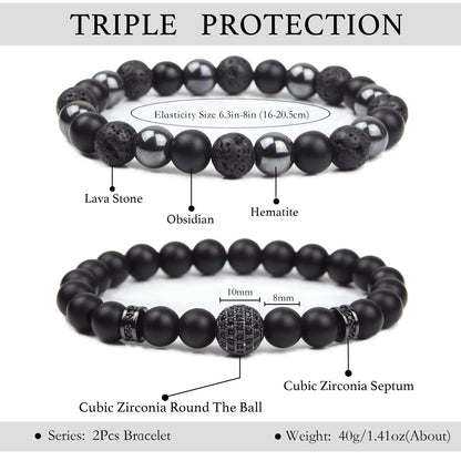 GDLKPYHS Schwarzes Obsidian Armband für Männer – Kubischer Zirkonia Armband – Turmalin Perlenarmband, 8MM schwarzer Onyx Hämatit Lavastein Perlen dreifaches Schutzarmband für Männer Frauen Geschenke