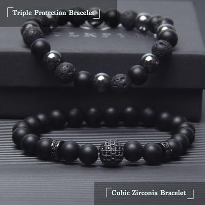 GDLKPYHS Schwarzes Obsidian Armband für Männer – Kubischer Zirkonia Armband – Turmalin Perlenarmband, 8MM schwarzer Onyx Hämatit Lavastein Perlen dreifaches Schutzarmband für Männer Frauen Geschenke