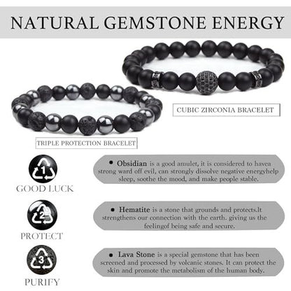 GDLKPYHS Schwarzes Obsidian Armband für Männer – Kubischer Zirkonia Armband – Turmalin Perlenarmband, 8MM schwarzer Onyx Hämatit Lavastein Perlen dreifaches Schutzarmband für Männer Frauen Geschenke