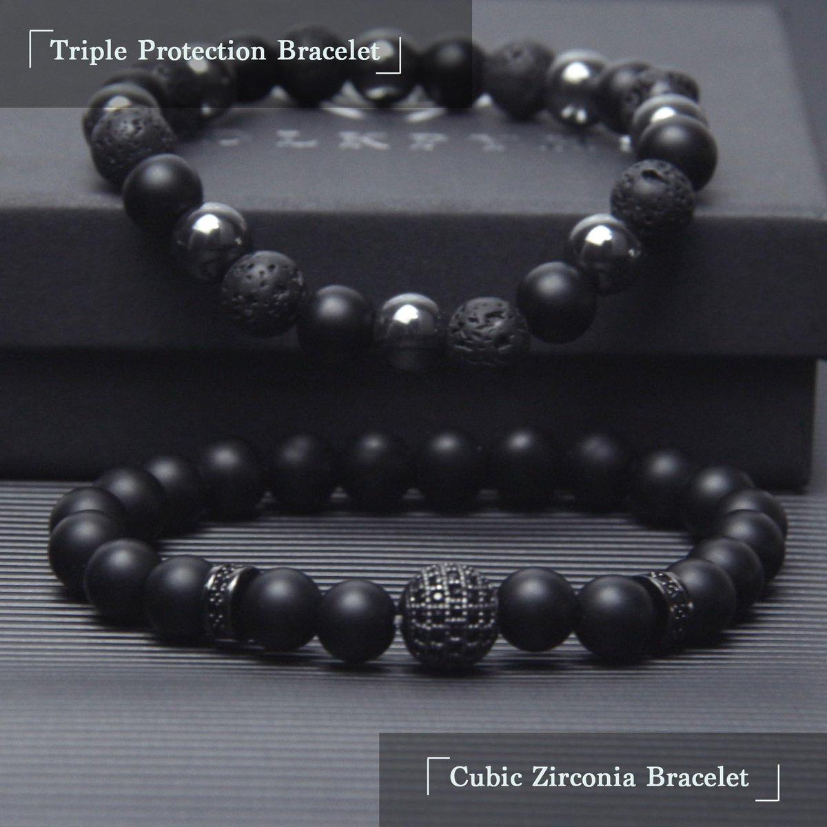 GDLKPYHS Schwarzes Obsidian Armband für Männer – Kubischer Zirkonia Armband – Turmalin Perlenarmband, 8MM schwarzer Onyx Hämatit Lavastein Perlen dreifaches Schutzarmband für Männer Frauen Geschenke