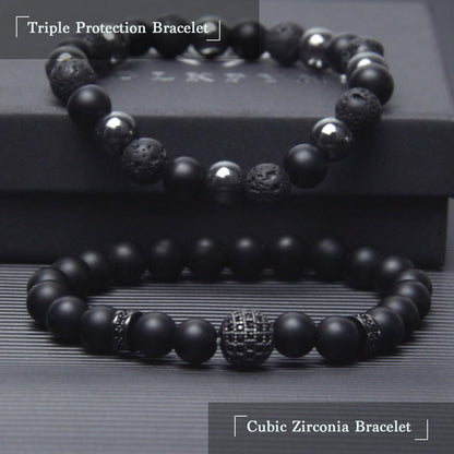 GDLKPYHS Schwarzes Obsidian Armband für Männer – Kubischer Zirkonia Armband – Turmalin Perlenarmband, 8MM schwarzer Onyx Hämatit Lavastein Perlen dreifaches Schutzarmband für Männer Frauen Geschenke