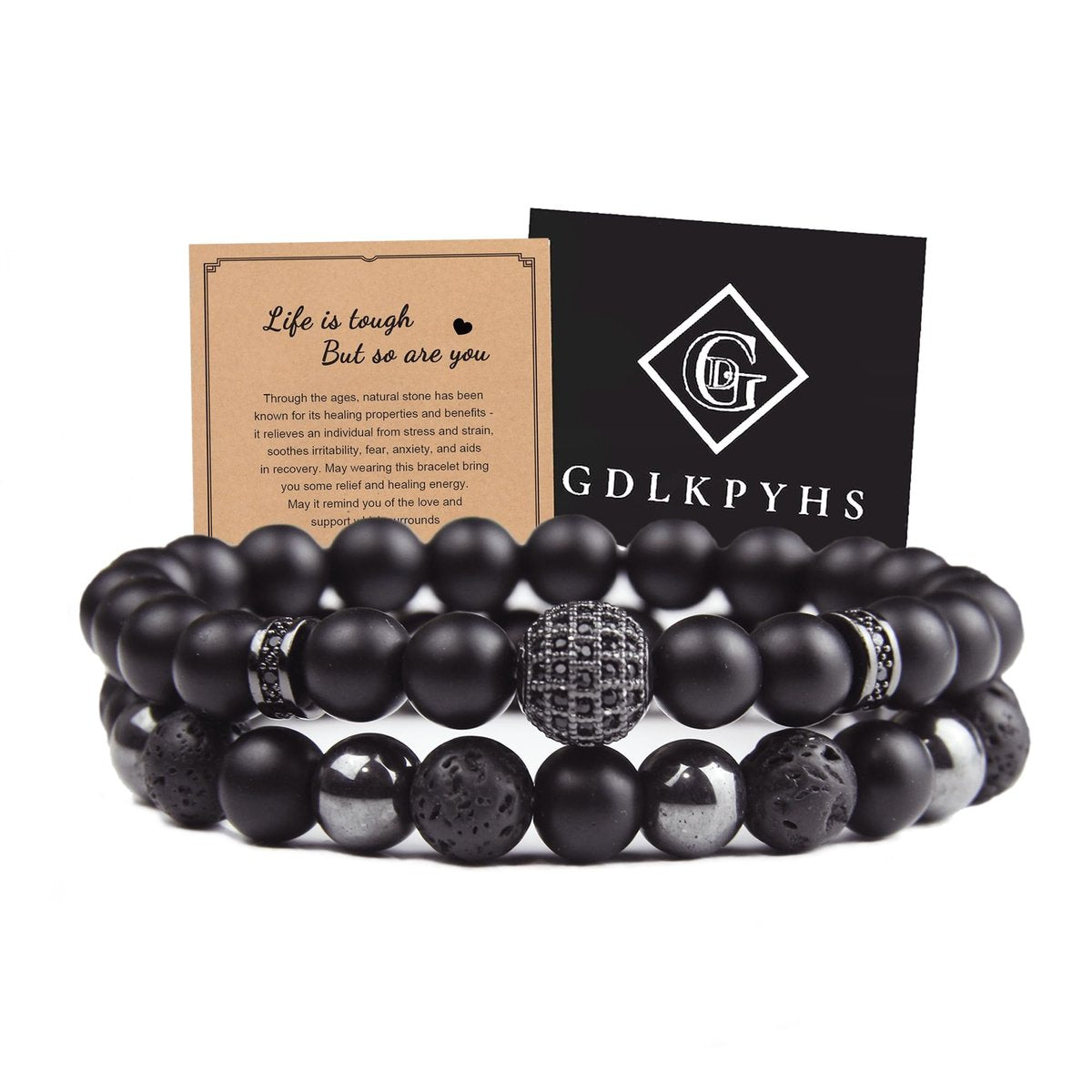 GDLKPYHS Schwarzes Obsidian Armband für Männer – Kubischer Zirkonia Armband – Turmalin Perlenarmband, 8MM schwarzer Onyx Hämatit Lavastein Perlen dreifaches Schutzarmband für Männer Frauen Geschenke