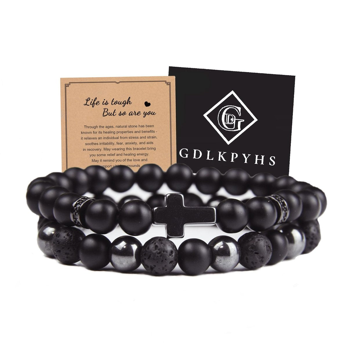 GDLKPYHS Schwarzes Obsidian Armband für Männer – Kreuzarmband – Turmalin-Perlenarmband, 8 mm schwarzer Onyx-Hämatit-Lavastein, dreifach schützendes Perlenarmband für Männer und Frauen, Geschenk