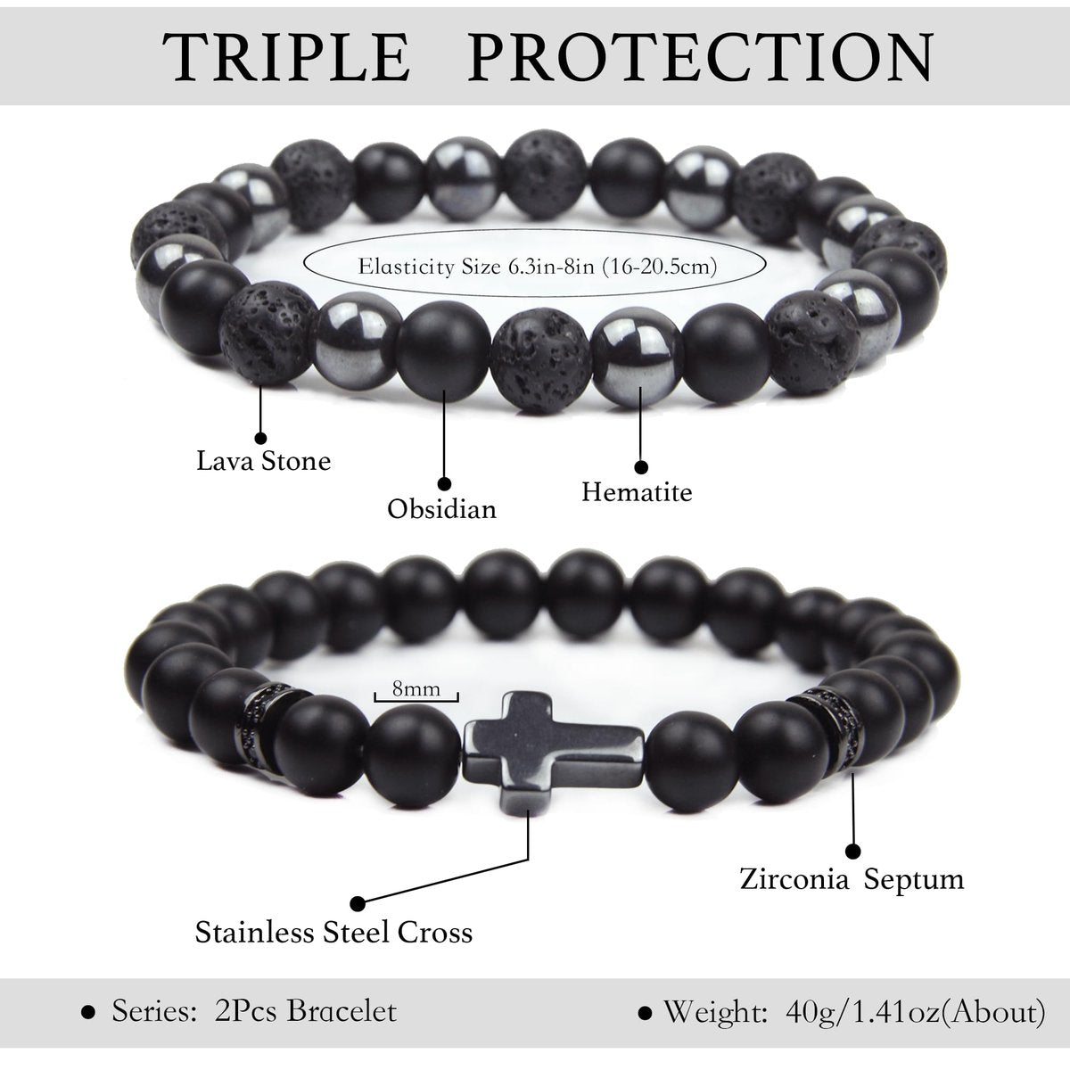 GDLKPYHS Schwarzes Obsidian Armband für Männer – Kreuzarmband – Turmalin-Perlenarmband, 8 mm schwarzer Onyx-Hämatit-Lavastein, dreifach schützendes Perlenarmband für Männer und Frauen, Geschenk