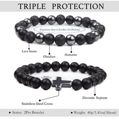 GDLKPYHS Schwarzes Obsidian Armband für Männer – Kreuzarmband – Turmalin-Perlenarmband, 8 mm schwarzer Onyx-Hämatit-Lavastein, dreifach schützendes Perlenarmband für Männer und Frauen, Geschenk