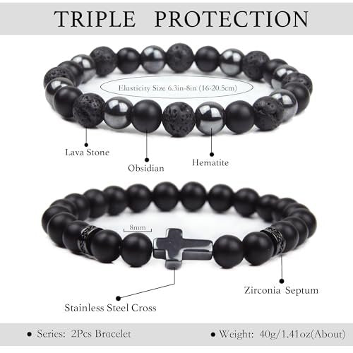 GDLKPYHS Schwarzes Obsidian Armband für Männer – Kreuzarmband – Turmalin-Perlenarmband, 8 mm schwarzer Onyx-Hämatit-Lavastein, dreifach schützendes Perlenarmband für Männer und Frauen, Geschenk