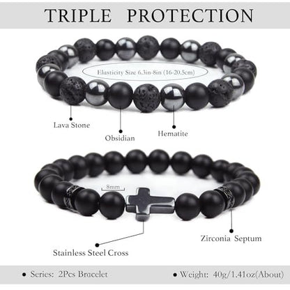 GDLKPYHS Schwarzes Obsidian Armband für Männer – Kreuzarmband – Turmalin-Perlenarmband, 8 mm schwarzer Onyx-Hämatit-Lavastein, dreifach schützendes Perlenarmband für Männer und Frauen, Geschenk