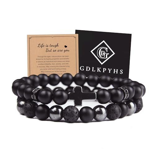 GDLKPYHS Schwarzes Obsidian Armband für Männer – Kreuzarmband – Turmalin-Perlenarmband, 8 mm schwarzer Onyx-Hämatit-Lavastein, dreifach schützendes Perlenarmband für Männer und Frauen, Geschenk