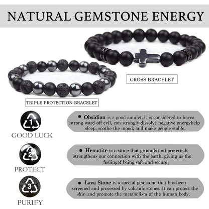 GDLKPYHS Schwarzes Obsidian Armband für Männer – Kreuzarmband – Turmalin-Perlenarmband, 8 mm schwarzer Onyx-Hämatit-Lavastein, dreifach schützendes Perlenarmband für Männer und Frauen, Geschenk