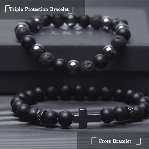 GDLKPYHS Schwarzes Obsidian Armband für Männer – Kreuzarmband – Turmalin-Perlenarmband, 8 mm schwarzer Onyx-Hämatit-Lavastein, dreifach schützendes Perlenarmband für Männer und Frauen, Geschenk