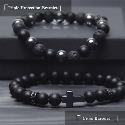 GDLKPYHS Schwarzes Obsidian Armband für Männer – Kreuzarmband – Turmalin-Perlenarmband, 8 mm schwarzer Onyx-Hämatit-Lavastein, dreifach schützendes Perlenarmband für Männer und Frauen, Geschenk