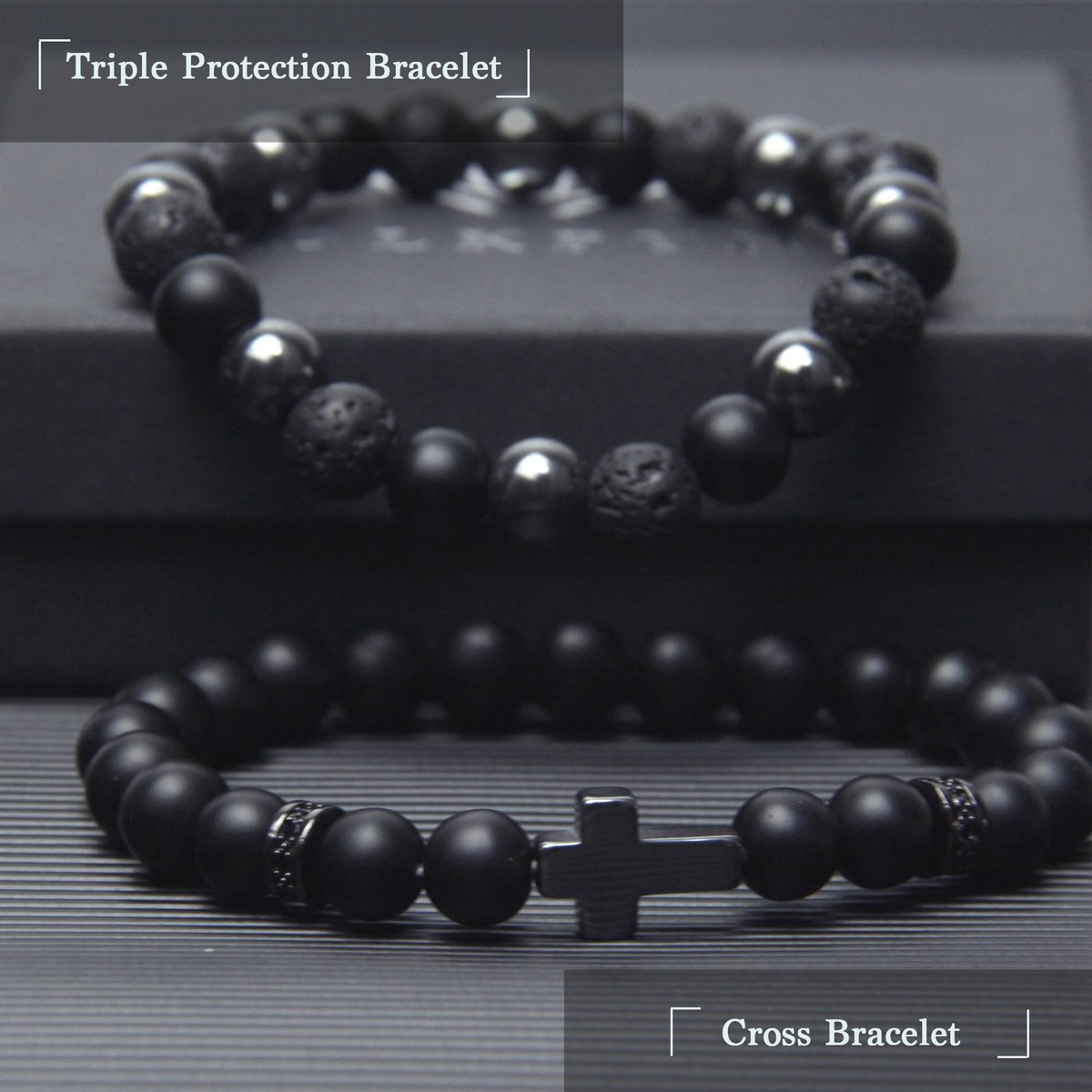GDLKPYHS Schwarzes Obsidian Armband für Männer – Kreuzarmband – Turmalin-Perlenarmband, 8 mm schwarzer Onyx-Hämatit-Lavastein, dreifach schützendes Perlenarmband für Männer und Frauen, Geschenk