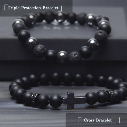 GDLKPYHS Schwarzes Obsidian Armband für Männer – Kreuzarmband – Turmalin-Perlenarmband, 8 mm schwarzer Onyx-Hämatit-Lavastein, dreifach schützendes Perlenarmband für Männer und Frauen, Geschenk