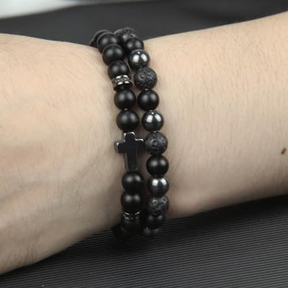 GDLKPYHS Schwarzes Obsidian Armband für Männer – Kreuzarmband – Turmalin-Perlenarmband, 8 mm schwarzer Onyx-Hämatit-Lavastein, dreifach schützendes Perlenarmband für Männer und Frauen, Geschenk