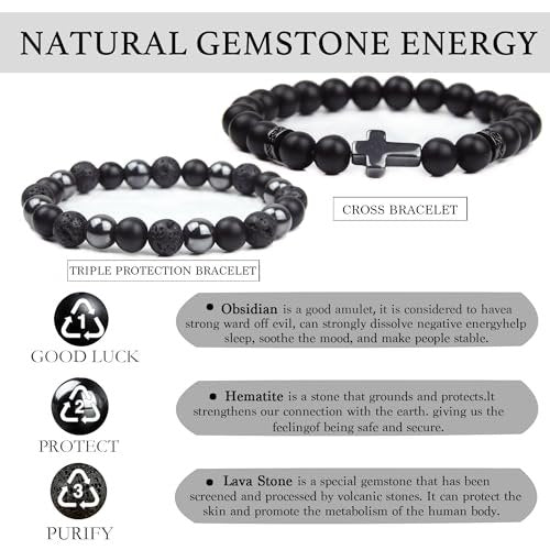 GDLKPYHS Schwarzes Obsidian Armband für Männer – Kreuzarmband – Turmalin-Perlenarmband, 8 mm schwarzer Onyx-Hämatit-Lavastein, dreifach schützendes Perlenarmband für Männer und Frauen, Geschenk