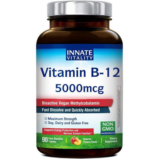 Innate Vitality Vitamin B12 5000 mcg, sublingual, vegan, Methylcobalamin, schnell lösliche Tabletten, natürlicher Pfirsichgeschmack, unterstützt Energieproduktion & gesundes Nervensystem, 90 Tabletten