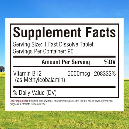 Innate Vitality Vitamin B12 5000 mcg, sublingual, vegan, Methylcobalamin, schnell lösliche Tabletten, natürlicher Pfirsichgeschmack, unterstützt Energieproduktion & gesundes Nervensystem, 90 Tabletten
