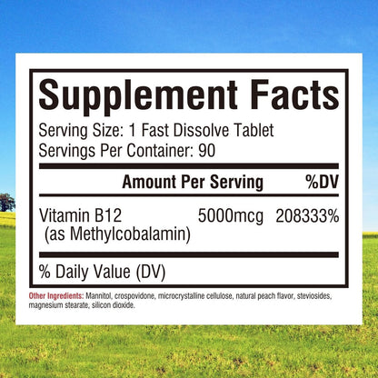 Innate Vitality Vitamin B12 5000 mcg, sublingual, vegan, Methylcobalamin, schnell lösliche Tabletten, natürlicher Pfirsichgeschmack, unterstützt Energieproduktion & gesundes Nervensystem, 90 Tabletten