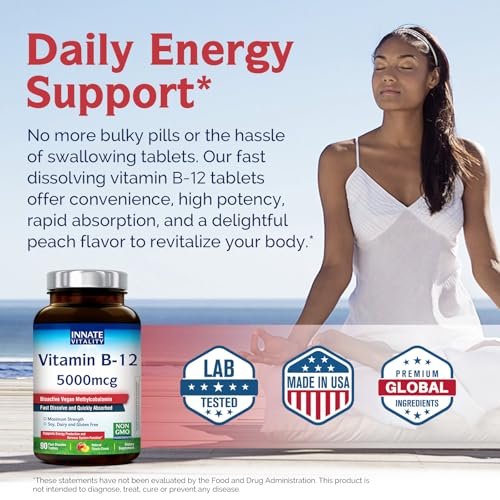 Innate Vitality Vitamin B12 5000 mcg, sublingual, vegan, Methylcobalamin, schnell lösliche Tabletten, natürlicher Pfirsichgeschmack, unterstützt Energieproduktion & gesundes Nervensystem, 90 Tabletten