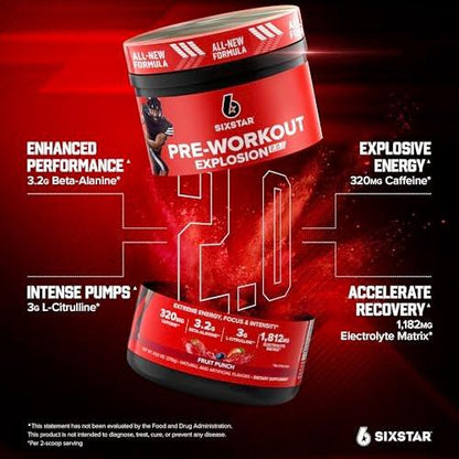 Six Star Pre-Workout Pulver für Männer & Frauen, Fruchtpunsch (30 Portionen) - Preworkout Explosion 2.0 Energiepulver-Getränkemischung mit Beta-Alanin & Koffein - Sporternährungs-Ergänzungsmittel