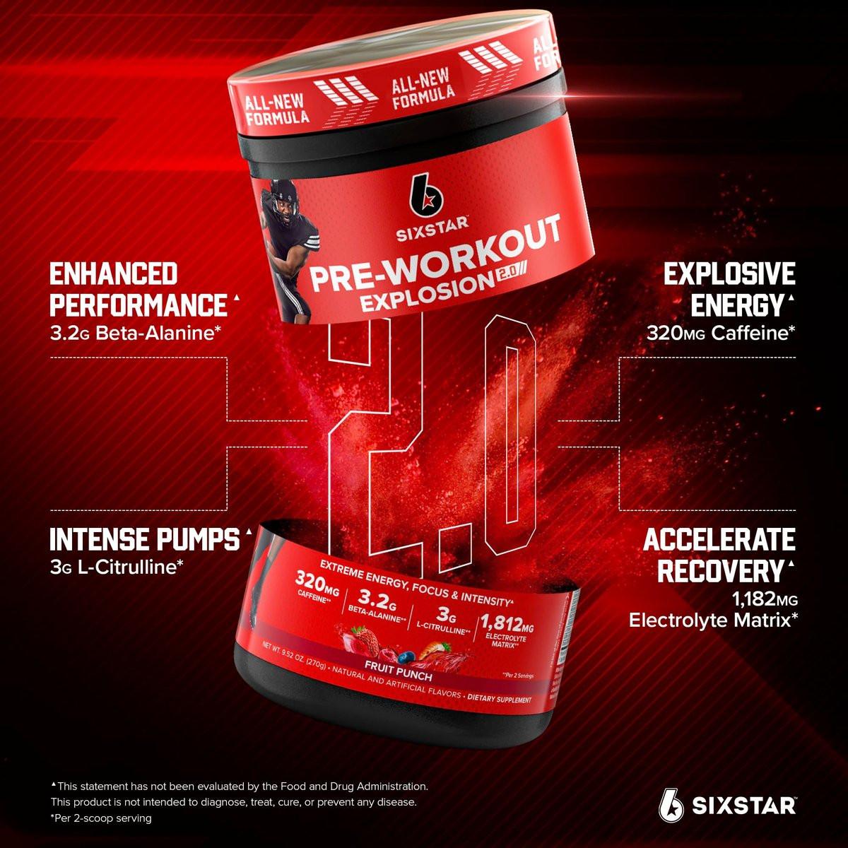 Six Star Pre-Workout Pulver für Männer & Frauen, Fruchtpunsch (30 Portionen) - Preworkout Explosion 2.0 Energiepulver-Getränkemischung mit Beta-Alanin & Koffein - Sporternährungs-Ergänzungsmittel