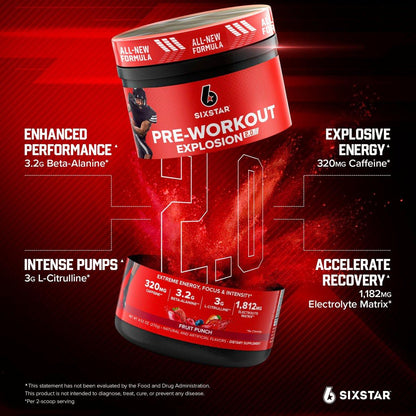 Six Star Pre-Workout Pulver für Männer & Frauen, Fruchtpunsch (30 Portionen) - Preworkout Explosion 2.0 Energiepulver-Getränkemischung mit Beta-Alanin & Koffein - Sporternährungs-Ergänzungsmittel