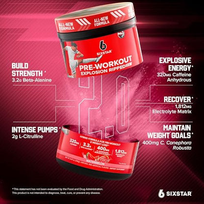Six Star Pre-Workout Explosion, Wassermelone (30 Portionen) - Pre-Workout Energiepulver für Männer & Frauen - Pre-Workout Getränk mit Kreatin & Beta-Alanin - Sporternährung