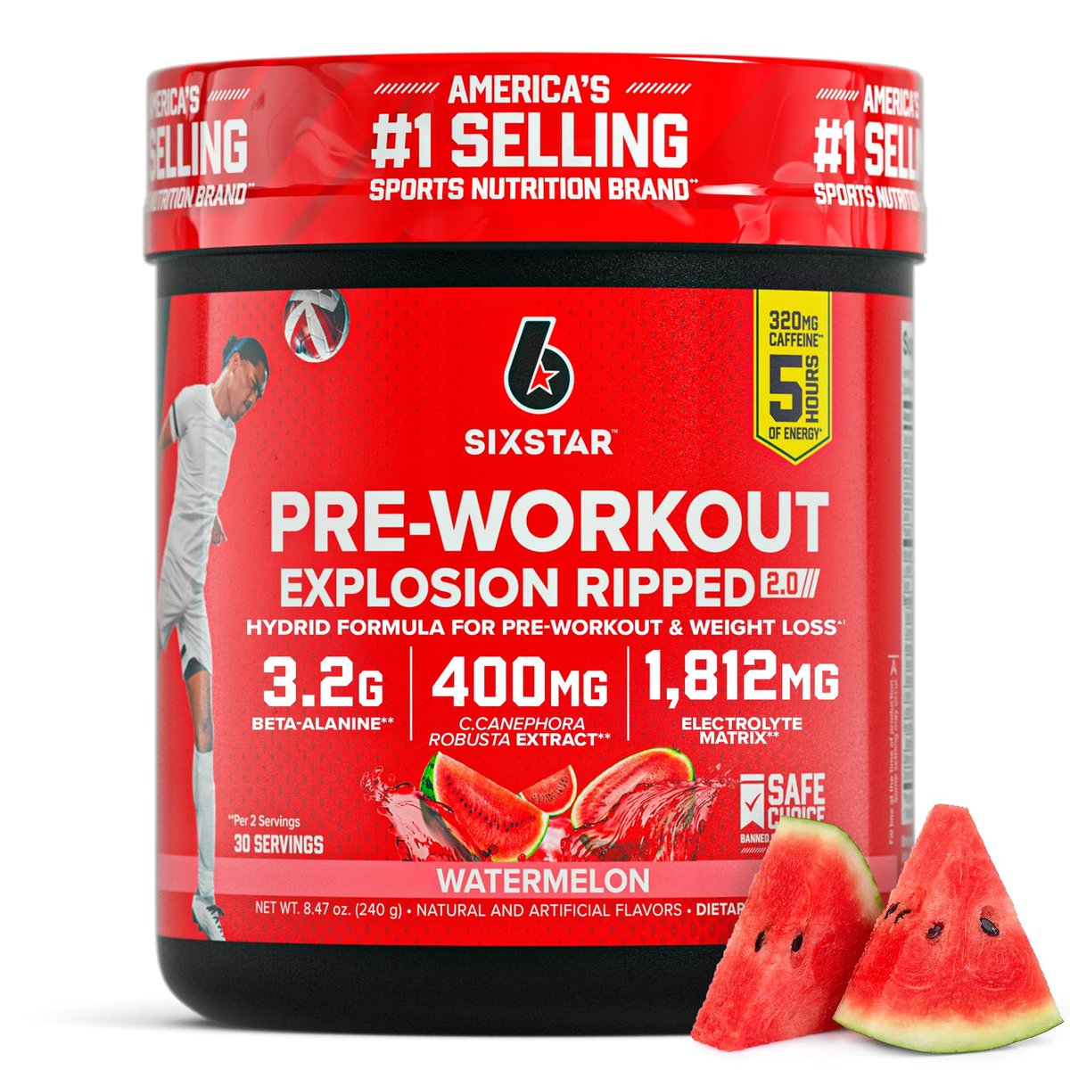 Six Star Pre-Workout Explosion, Wassermelone (30 Portionen) - Pre-Workout Energiepulver für Männer & Frauen - Pre-Workout Getränk mit Kreatin & Beta-Alanin - Sporternährung