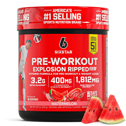 Six Star Pre-Workout Explosion, Wassermelone (30 Portionen) - Pre-Workout Energiepulver für Männer & Frauen - Pre-Workout Getränk mit Kreatin & Beta-Alanin - Sporternährung