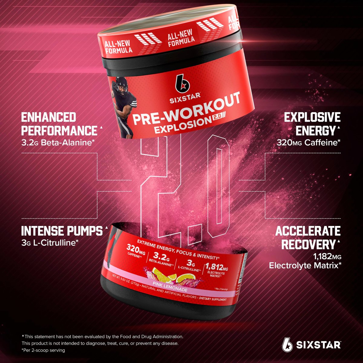 Six Star Pre-Workout Explosion 2.0 Pulver für Männer & Frauen, Pink Lemonade (30 Portionen) - Pre-Workout-Energiepulver mit Beta-Alanin & Koffein - Sporternährungsergänzung