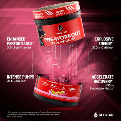 Six Star Pre-Workout Explosion 2.0 Pulver für Männer & Frauen, Pink Lemonade (30 Portionen) - Pre-Workout-Energiepulver mit Beta-Alanin & Koffein - Sporternährungsergänzung