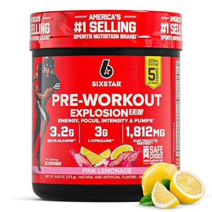 Six Star Pre-Workout Explosion 2.0 Pulver für Männer & Frauen, Pink Lemonade (30 Portionen) - Pre-Workout-Energiepulver mit Beta-Alanin & Koffein - Sporternährungsergänzung