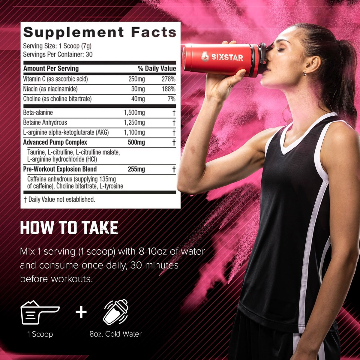 Six Star Pre-Workout Explosion 2.0 Pulver für Männer & Frauen, Pink Lemonade (30 Portionen) - Pre-Workout-Energiepulver mit Beta-Alanin & Koffein - Sporternährungsergänzung