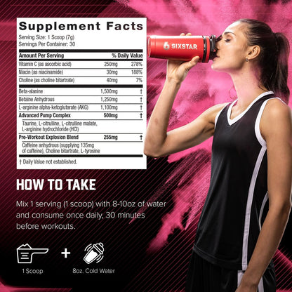 Six Star Pre-Workout Explosion 2.0 Pulver für Männer & Frauen, Pink Lemonade (30 Portionen) - Pre-Workout-Energiepulver mit Beta-Alanin & Koffein - Sporternährungsergänzung