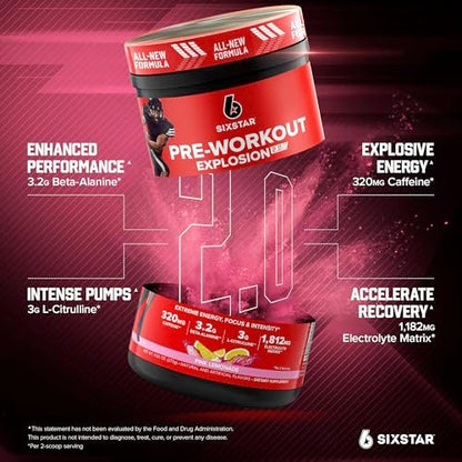 Six Star Pre-Workout Explosion 2.0 Pulver für Männer & Frauen, Pink Lemonade (30 Portionen) - Pre-Workout-Energiepulver mit Beta-Alanin & Koffein - Sporternährungsergänzung