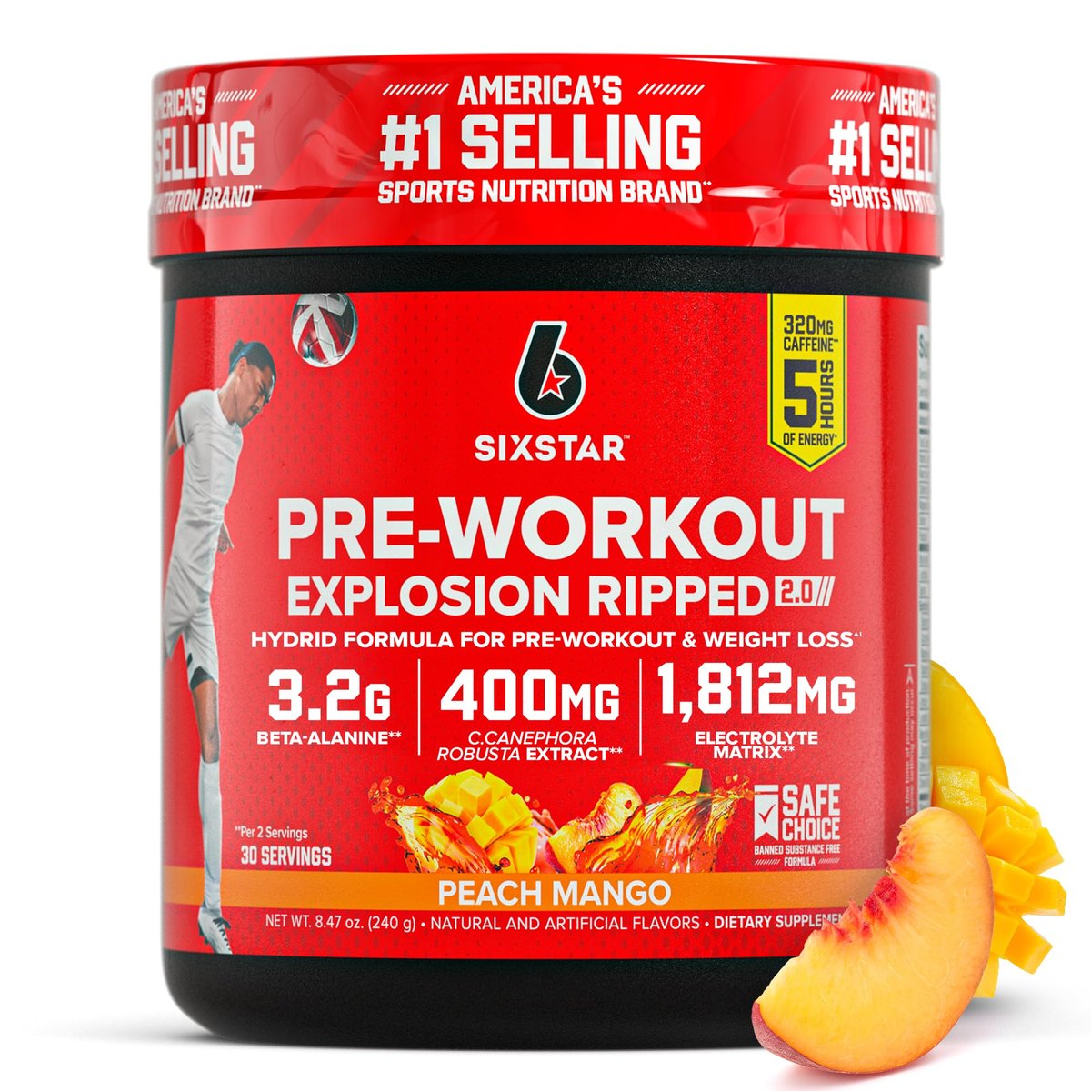 Six Star Pre-Workout Explosion, Pfirsich Mango (30 Portionen) - Pre-Workout Energiepulver für Männer & Frauen - Pre-Workout Getränk mit Kreatin & Beta-Alanin - Sporternährung